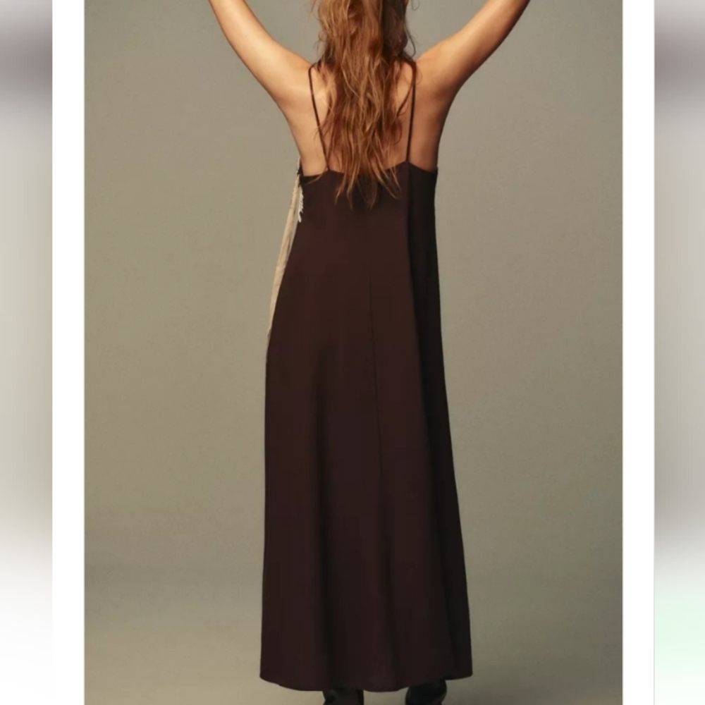 Zara Chocolate Brown Lace Trim Embroidered Strappy Long Dress - Picture 5 of 11